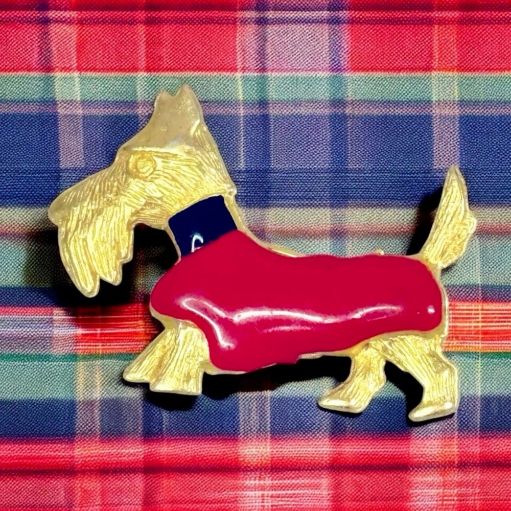 Vintage Scottie Dog Brooch Gold Red Enamel